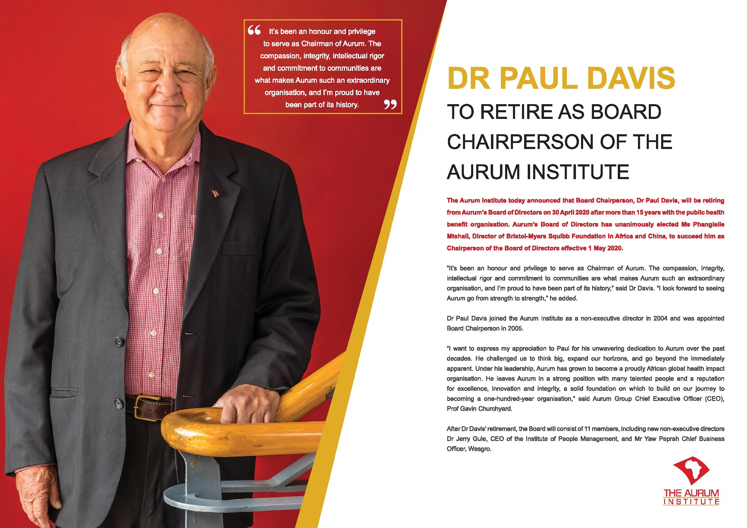 Dr Paul Davis retires as Aurum Chairperson